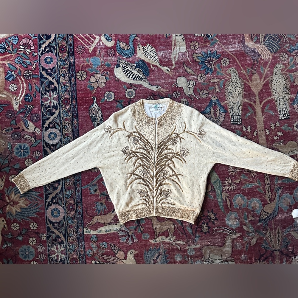 Elegant vintage hand beaded Cream Sweater with Gold beadwork and botanical de
